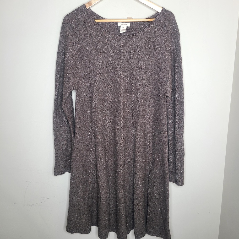 Sundance Lambswool Sweater Dress L Brown Cable Knit Boho Lagenlook Tunic